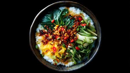 A visually striking bowl of porridge topped with leafy greens, spicy peppers, and crispy garnish, showcasing vibrant colors and healthy ingredients for a nutritious meal.の素材