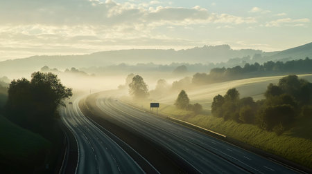 A tranquil view of a foggy highway during the early morning, surrounded by lush greenery and soft sunlight, creating a serene atmosphere perfect for travel and exploration.の素材