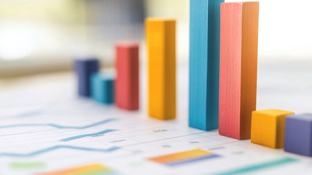 Colorful bar graphs rise above a finance chart, showcasing business performance. This vivid image illustrates data analysis and market growth concepts.の素材