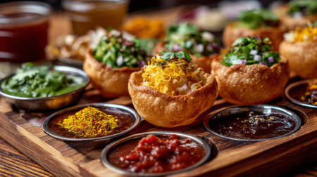 A mouthwatering assortment of Pani Puri served on a rustic wooden platter, accompanied by colorful chutneys and spices. Perfect for food enthusiasts and gatherings.の素材
