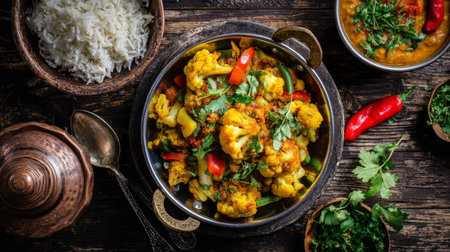 A vibrant vegetable curry featuring cauliflower and bell peppers, paired beautifully with aromatic rice. Perfect for food lovers and culinary enthusiasts.の素材