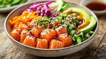 A beautifully arranged poke bowl featuring fresh salmon, vibrant vegetables, and rich sauce, perfect for a healthy meal or gourmet dining experience.の素材