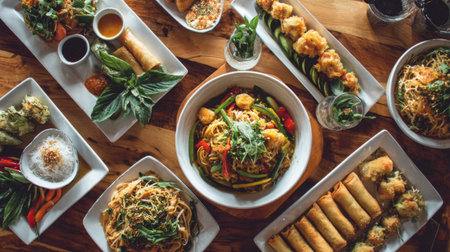 A stunning assortment of Asian dishes showcasing noodles and spring rolls garnished with fresh herbs, perfect for illustrating flavorful dining experiences.の素材