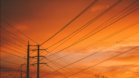 A captivating sunset sky features vibrant orange tones intersecting with silhouettes of electric power lines, creating a stunning abstract landscape perfect for various themes.の素材