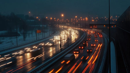 A busy highway scene during winter evening, featuring blurred lights of vehicles on a wet road. The atmosphere depicts urban transportation in motion.の素材