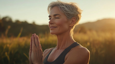 A serene woman practices mindfulness in a sunlit field, embodying tranquility and wellness. This image captures the essence of relaxation and inner peace.の素材