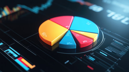 A vibrant pie chart displayed on a sleek digital interface, showcasing data analysis. Ideal for business and technology-focused visuals, representing financial statistics and insights.の素材