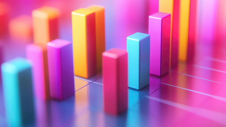 A vibrant 3D bar graph showcases data analysis with colorful bars against a gradient background, perfect for business and finance presentations.の素材