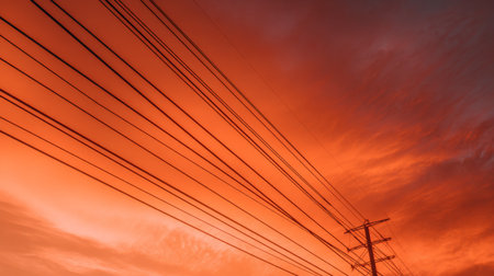 A stunning view of a vibrant sunset sky fills the frame with rich orange and red hues while power lines create a striking silhouette against the backdrop.の素材