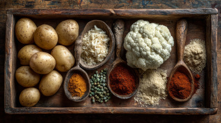 A beautifully arranged display of fresh potatoes, cauliflower, and an array of colorful spices on a rustic wooden tray, ideal for meal inspiration and healthy recipes.の素材