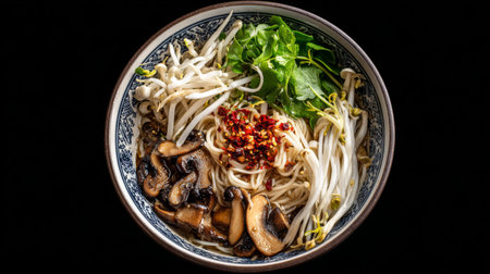 A visually stunning bowl of fresh noodles topped with mushrooms, bean sprouts, and vibrant greens. Perfect for illustrating healthy and delicious culinary experiences.の素材