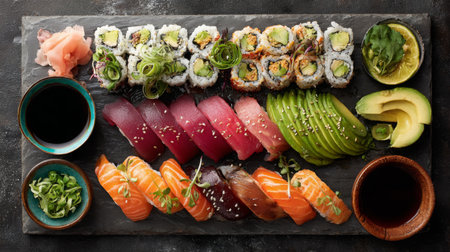 This stunning sushi and sashimi platter showcases a variety of seafood delicacies, beautifully arranged with vibrant colors and tantalizing garnishes, perfect for any occasion.の素材