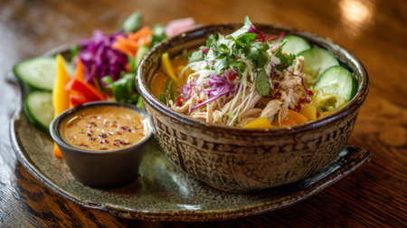 A beautifully arranged bowl featuring shredded chicken, vibrant vegetables, and a creamy dipping sauce, ideal for healthy meal promotion and culinary inspiration.の素材