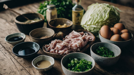 An assortment of fresh ingredients including pork, eggs, and vegetables arranged on a rustic wooden table, ideal for culinary creations and meal preparation.の素材