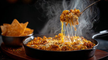 Indulge in a delightful melted cheese dish served in a sizzling skillet, topped with crunchy ingredients and accompanied by crispy tortilla chips for a gourmet experience.の素材