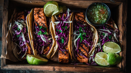 Savory grilled salmon tacos arranged beautifully with fresh cabbage and lime. Perfect for summer meals, gatherings, or casual dining experiences with vibrant flavors.の素材