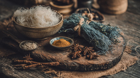 This captivating still life features an array of culinary ingredients on a rustic wooden table, showcasing dried herbs, spices, and noodles that highlight natural textures.の素材