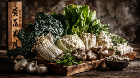 A beautiful arrangement of fresh vegetables and a variety of mushrooms on a rustic wooden table, showcasing vibrant colors and textures, ideal for food photography.の素材