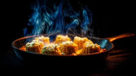 This captivating image showcases golden corn on a hot pan, with steam and smoke rising, emphasizing the culinary art of cooking fresh vegetables in a detailed, atmospheric manner.の素材