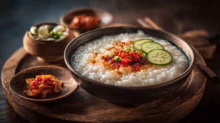 This image features a comforting bowl of rice porridge topped with fresh cucumber and chili flakes, accompanied by side dishes in rustic wooden bowls, ideal for culinary themes.の素材