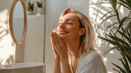 A joyful woman enjoys her morning skincare routine, illuminated by natural sunlight. This serene moment captures the essence of self-care and wellness.の素材