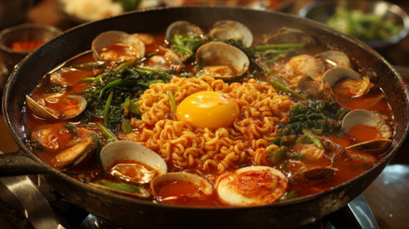 A visually appealing seafood noodle soup featuring clams, fresh vegetables, and a soft egg in a rich broth, perfect for warming up during meal time.の素材