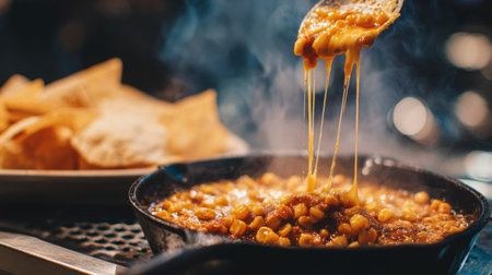 Enjoy a mouthwatering cheese dip overflowing with melted goodness and corn, paired with crispy tortilla chips, ideal for cozy gatherings and savory moments.の素材