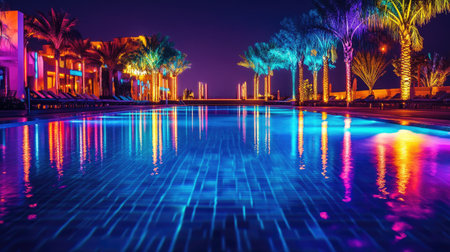 Capture the enchanting beauty of a night pool, illuminated by colorful lights and surrounded by palm trees, creating a serene and vibrant atmosphere for relaxation.の素材