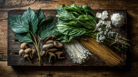 A vibrant flat lay of fresh organic ingredients ideal for culinary endeavors. The assortment includes greens, mushrooms, noodles, and cheese set on a rustic wooden board.の素材