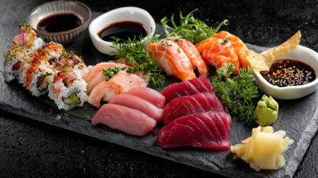 A beautifully arranged platter of sushi and sashimi featuring various fish cuts, garnished with fresh herbs and served with soy sauce and wasabi on a dark slate plate.の素材