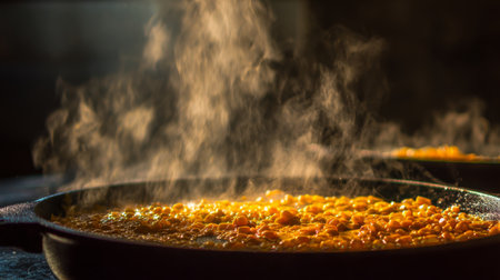 A captivating image of a hot and steaming dish in a pan, showcasing textures and vibrant colors, evoking the warmth and aroma of home-cooked meals.の素材