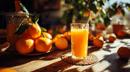 Captivating scene of a glass of freshly squeezed orange juice surrounded by ripe oranges on a rustic wooden table, illuminated by soft morning sunlight, creating a warm, inviting atmosphere.の素材