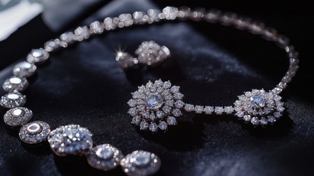 This image showcases an elegant diamond necklace and matching earrings set on a black surface, highlighting their intricate design and sparkling beauty.の素材