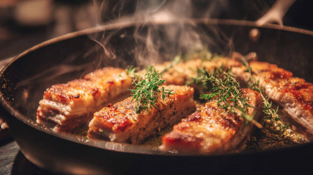 Delicious pork belly strips are sizzling in a black skillet, garnished with fresh thyme and surrounded by wisps of steam, creating a warm and inviting atmosphere.の素材