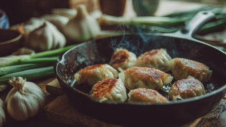 Enjoy a delightful scene of dumplings frying in a skillet, enveloped by the aromatic presence of fresh garlic and green onions, perfect for a cozy kitchen meal.の素材