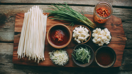A beautifully arranged rustic wooden table showcases fresh ingredients including noodles, vegetables, and sauces, inviting culinary creativity and healthy cooking inspiration.の素材