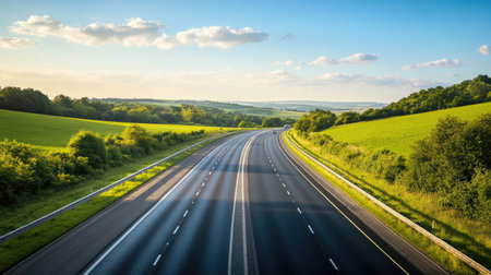 A peaceful highway stretches through vibrant green fields under a clear blue sky, capturing the essence of open roads and tranquil landscapes.の素材