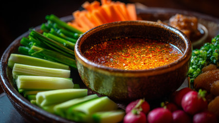 A vibrant vegetable platter featuring fresh carrots, celery, and radishes, served with a spicy dipping sauce. Perfect for healthy meals and gatherings.の素材