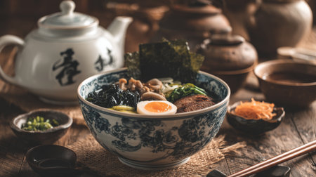 A stunning bowl of authentic Japanese ramen featuring rich broth, perfectly cooked egg, and fresh vegetables, showcased on a rustic wooden table with elegant tableware.の素材