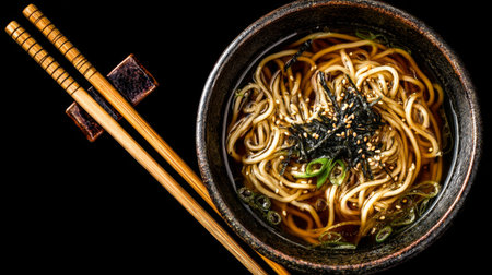 A mouthwatering bowl of ramen featuring delicate noodles, rich broth, seaweed, and green onion, perfectly styled for an inviting Asian dining experience.の素材
