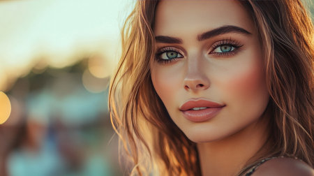 A stunning portrait of a young woman with radiant blue eyes and flowing hair, capturing the essence of beauty and charm in a serene outdoor setting.の素材