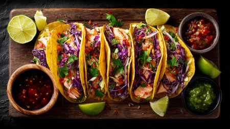 Experience a vibrant display of delicious tacos filled with fresh ingredients, garnished with lime and served with an array of salsas for an unforgettable dining experience.の素材