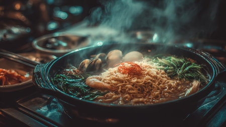 Discover the enticing aroma of a steaming hot pot filled with fresh noodles, seafood, and vegetables, showcasing the essence of Asian dining culture in a cozy restaurant.の素材