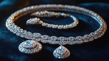 Stunning diamond jewelry set displayed on a silky background, featuring an elegant necklace, bracelet, and earrings, perfect for special occasions or luxurious gifting.の素材