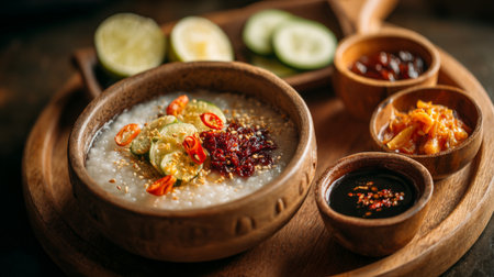 A delightful bowl of creamy rice porridge is enhanced with fresh cucumber slices, lime wedges, and an array of colorful condiments, perfect for breakfast or brunch.の素材