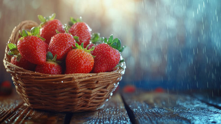 A closeup of fresh strawberries in a woven basket, glistening with water droplets. This vibrant image showcases the natural beauty of ripe fruit, perfect for various food-related themes.の素材