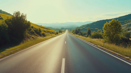 Discover a serene road stretching through picturesque green landscapes under a bright blue sky. Perfect for travel and nature enthusiasts.の素材