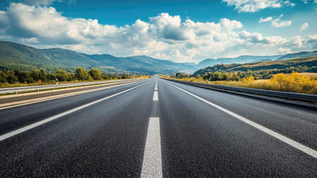 A stunning view of a long highway stretching towards the horizon, surrounded by mountains and lush greenery, under a beautiful blue sky filled with clouds.の素材