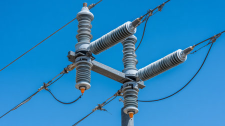 Close-up view of high voltage power lines featuring ceramic insulators, showcasing intricate details against a clear blue sky, highlighting energy transmission technology.の素材