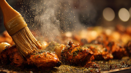 A captivating close-up view of seasoned chicken on a hot grill, as a chef brushes it with marinade, creating a mouthwatering scene filled with steam and spices.の素材